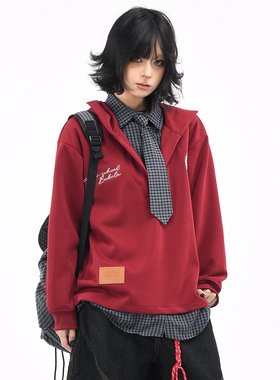 OV原创美式格纹假两件拼接领带连帽卫衣男女秋季学院风休闲外套潮