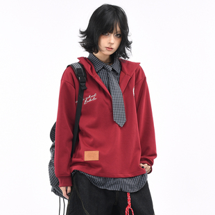 OV原创美式格纹假两件拼接领带连帽卫衣男女秋季学院风休闲外套潮