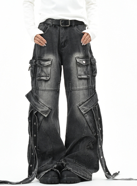 OV原创美式重磅多口袋做旧水洗牛仔裤女街头宽松阔腿飘带长裤男潮