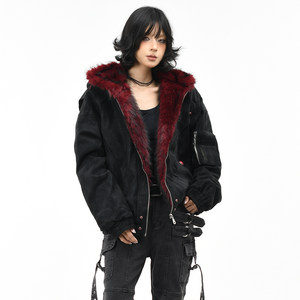 OV原创美式复古座山雕毛领连帽棉服女冬季宽松PU皮加厚棉衣外套男