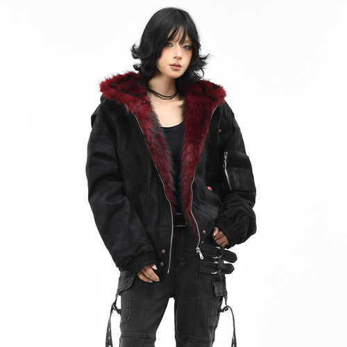 原创美式复古座山雕毛领连帽棉服