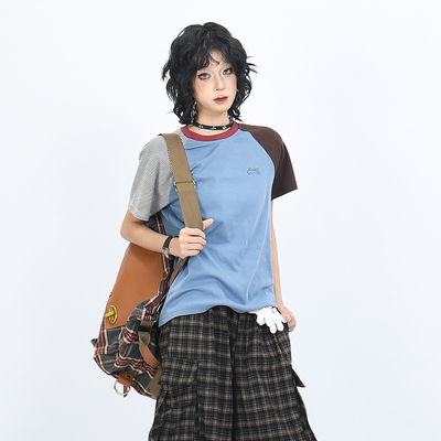 短袖美式复古条纹撞色拼接T恤潮