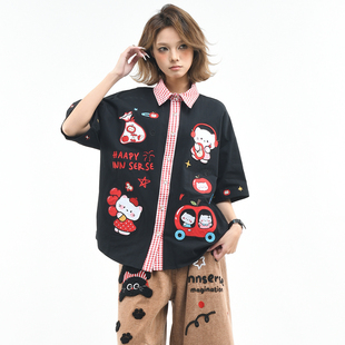 女夏季 宽松格子撞色拼接情侣衬衣 衬衫 OV原创趣味卡通KT猫刺绣短袖