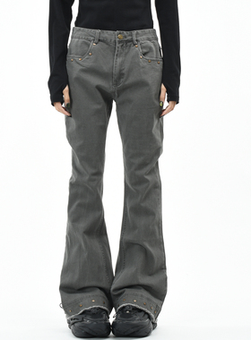 OV原创美式水洗做旧铆钉微喇叭牛仔裤女修身复古毛边拖地显瘦长裤