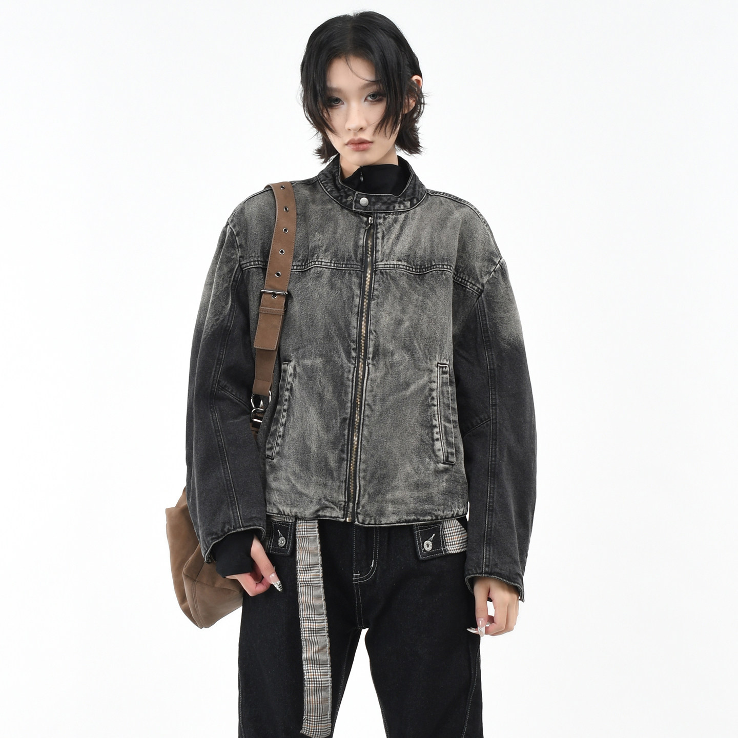 原创美式复古做旧牛仔机车棉服潮