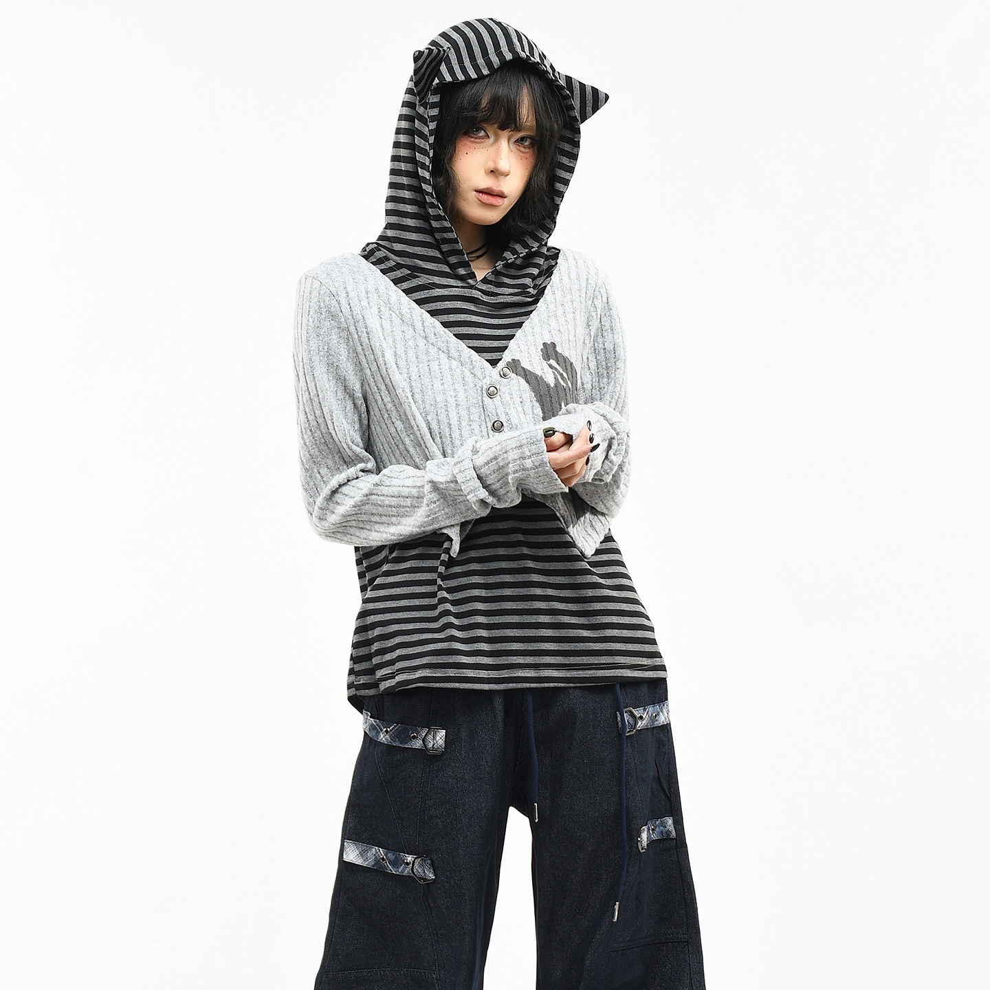 OV原创美式y2k条纹猫耳朵拼接长袖T恤女春季短款假两件连帽上衣潮