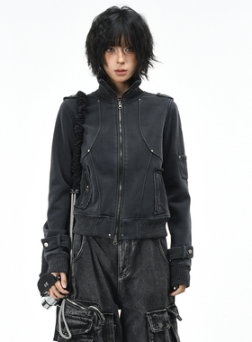 OV原创美式复古铆钉做旧水洗加绒卫衣女冬季修身短款显瘦机车外套