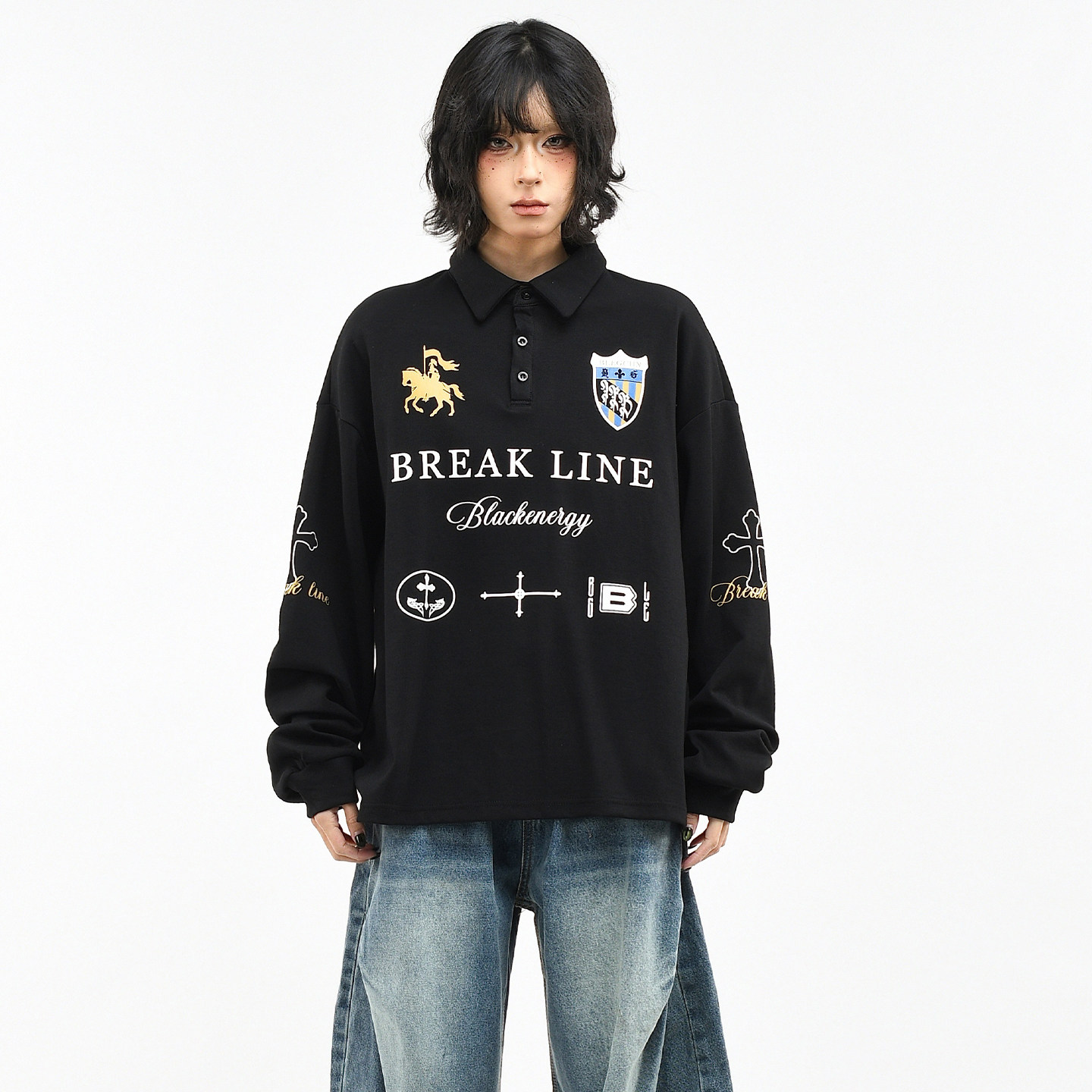 OV原创/美式潮牌徽章印花长袖POLO衫女春季宽松赛车风翻领短款T恤,女装/女士精品,POLO衫,淘宝优惠券,粉丝福利购,淘宝优惠卷