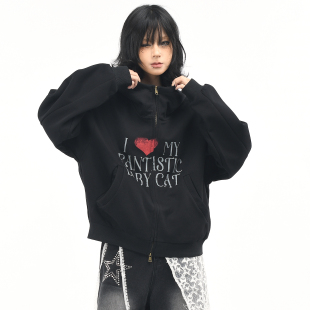 宽松小个子休闲开衫 连帽卫衣女秋季 外套潮 爱心印花短款 OV原创美式