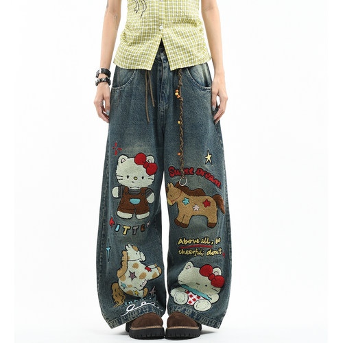原创卡通KT猫毛巾刺绣水洗牛仔裤