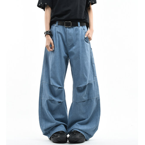 原创美式廓形褶皱水洗弯刀休闲裤