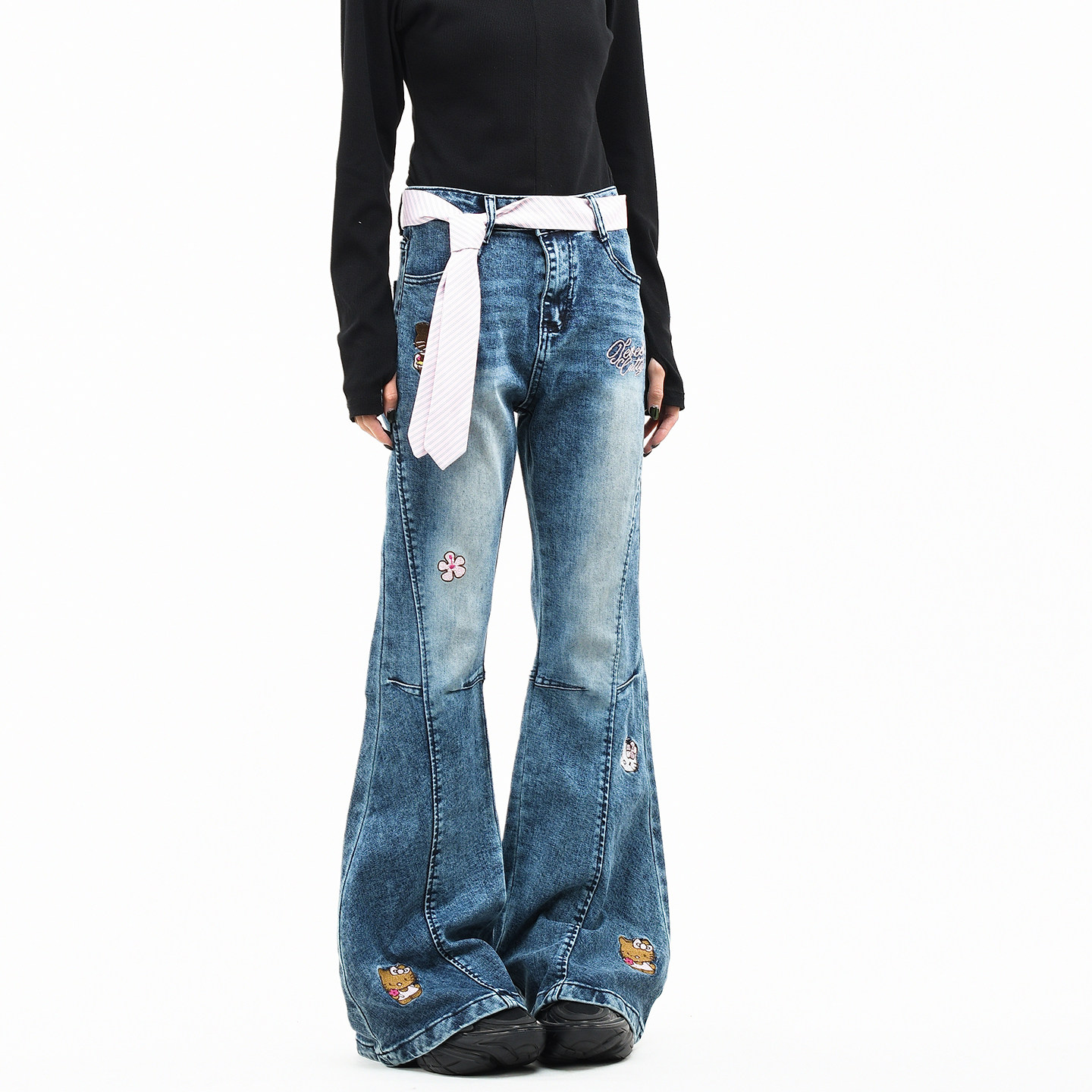 OV原创美式辣妹kt猫刺绣水洗牛仔裤女腰带设计修身微喇叭显瘦长裤