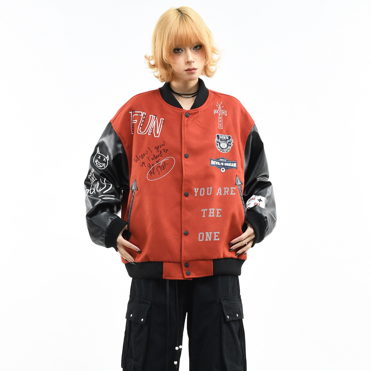 OV原创美式复古徽章刺绣棒球服外套女春季宽松撞色拼接立领夹克男