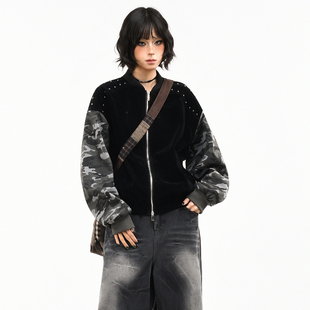 OV原创美式迷彩拼接铆钉设计棒球服外套女春季宽松短款潮牌夹克男