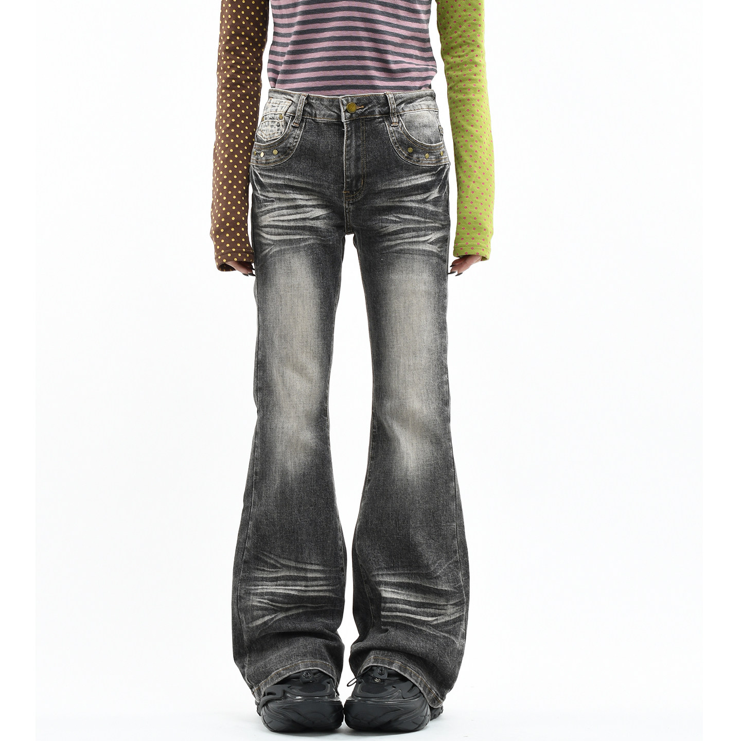 OV原创美式复古猫须水洗做旧微喇叭牛仔裤女铆钉直筒显瘦低腰长裤,女装/女士精品,牛仔裤,淘宝优惠券,粉丝福利购,淘宝优惠卷