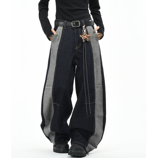 解构长裤 男女宽松阔腿老爹裤 潮 撞色拼接水洗弯刀牛仔裤 OV原创美式