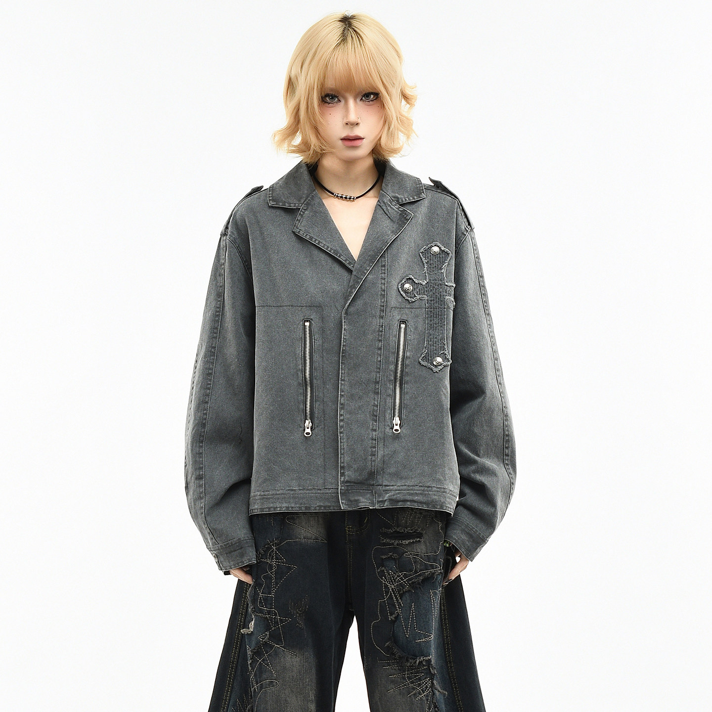 OV原创美式轻亚风十字架做旧水洗牛仔外套女春季宽松短款西装夹克