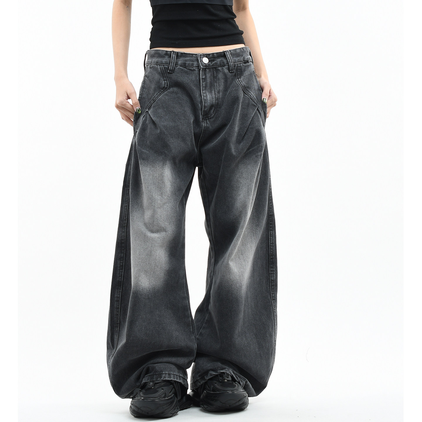 OV原创美式复古压褶廓形水洗弯刀牛仔裤男女宽松设计感阔腿长裤子,女装/女士精品,牛仔裤,淘宝优惠券,粉丝福利购,淘宝优惠卷