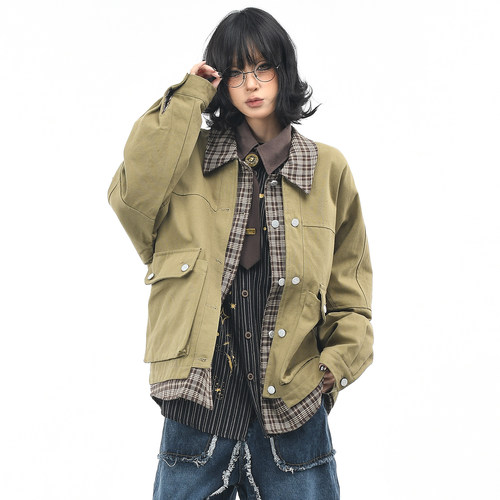 原创美式复古格子拼接假两件外套