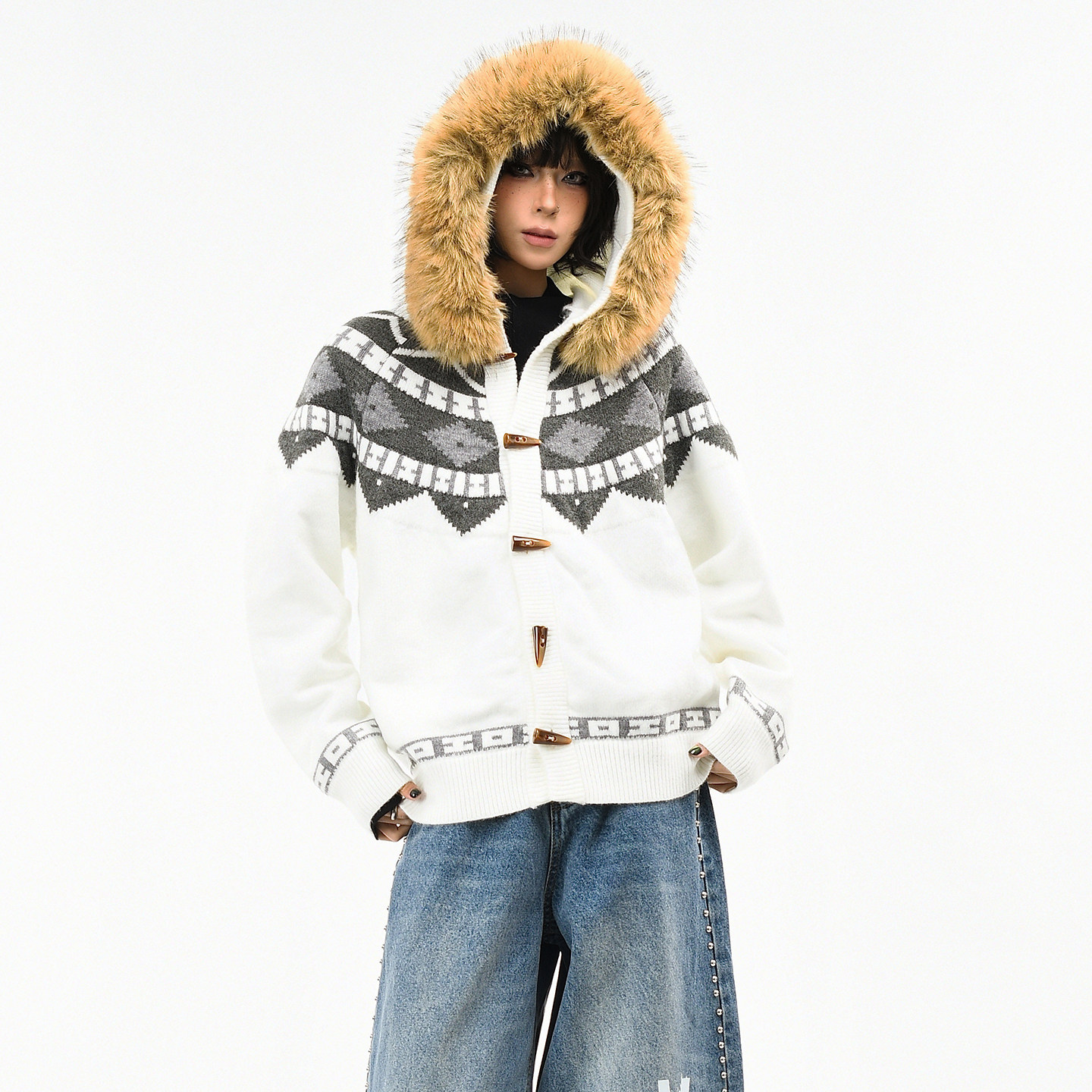 OV原创老钱风费尔岛可拆卸毛领针织衫女冬季牛角扣宽松毛衣外套男