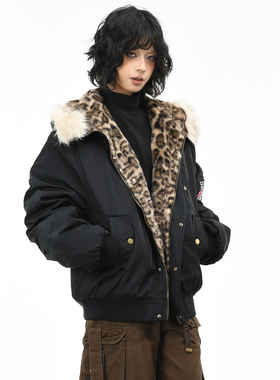 OV原创美式豹纹座山雕毛领连帽棉服女冬季宽松夹棉飞行棉衣外套男