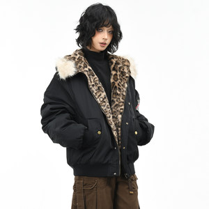 OV原创美式豹纹座山雕毛领连帽棉服女冬季宽松夹棉飞行棉衣外套男