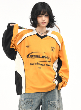 OV原创美式复古运动撞色拼接长袖T恤男女秋季街头宽松休闲V领球衣