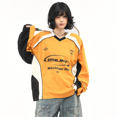 美式复古运动撞色拼接长袖T恤潮