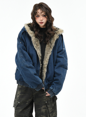 OV原创美式复古廓形水洗牛仔棉服外套女冬季座山雕加厚连帽棉衣男