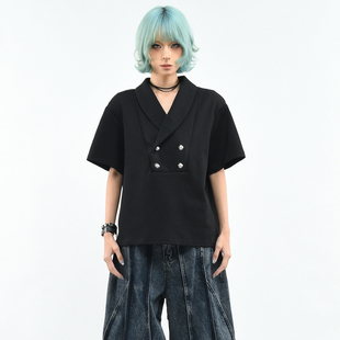 女夏季 领垫肩翻领短袖 宽松高级感老钱风T恤男潮 双排扣西装 OV原创
