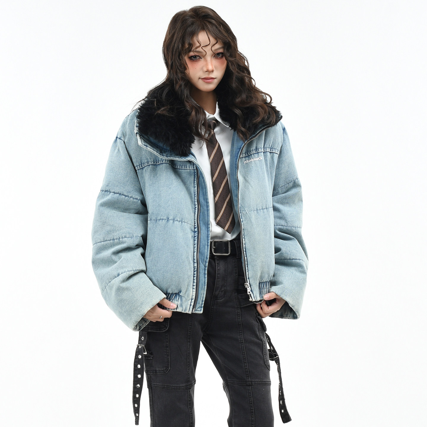 OV原创美式复古做旧水洗牛仔棉服外套女冬季宽松大毛领短款棉衣潮,女装/女士精品,棉衣/棉服,淘宝优惠券,粉丝福利购,淘宝优惠卷