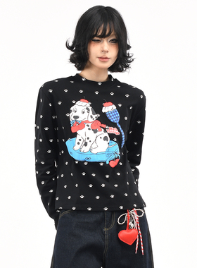 OV原创/美式趣味小狗发泡印花长袖T恤女秋季正肩短款休闲打底上衣