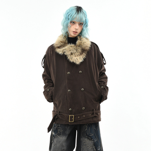 OV原创美拉德仿麂皮双排扣毛领棉服外套男女冬季宽松中长款棉衣潮