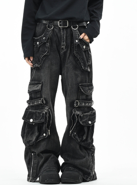 OV原创美式重工做旧水洗多口袋工装牛仔裤男女宽松阔腿朋克风长裤