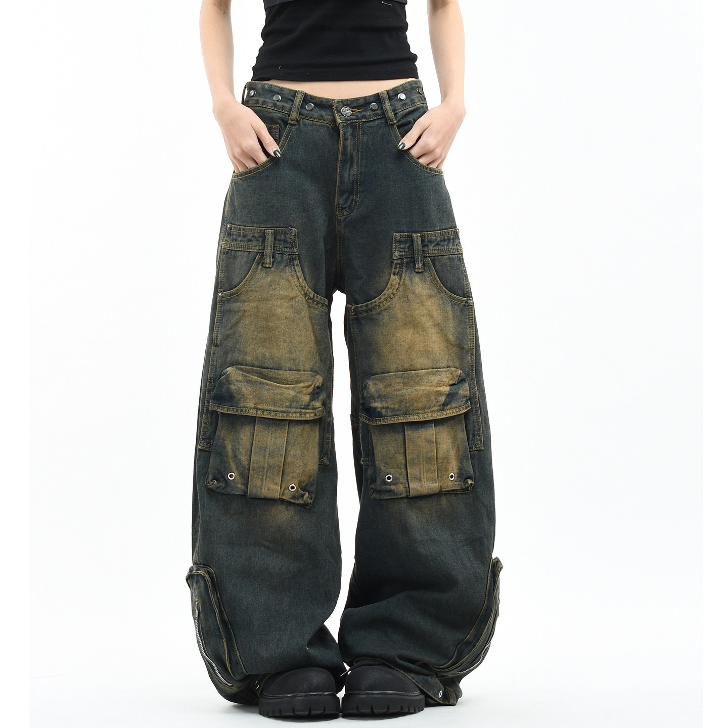 OV原创美式铆钉重工水洗做旧弯刀牛仔裤男女宽松阔腿多口袋工装裤,女装/女士精品,牛仔裤,淘宝优惠券,粉丝福利购,淘宝优惠卷