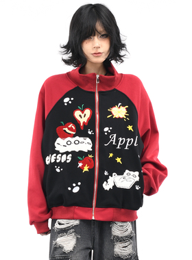 OV原创美式趣味猫咪毛巾刺绣开衫卫衣男女秋季撞色宽松休闲外套潮