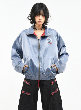 OV原创美式高级感尼龙亮面刺绣立领外套女春季宽松短款飞行夹克男