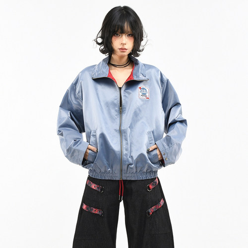 原创美式高级感尼龙亮面刺绣外套