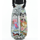 男女趣味宽松阔腿长裤 OV原创美式 小众卡通小狗手绘涂鸦水洗牛仔裤