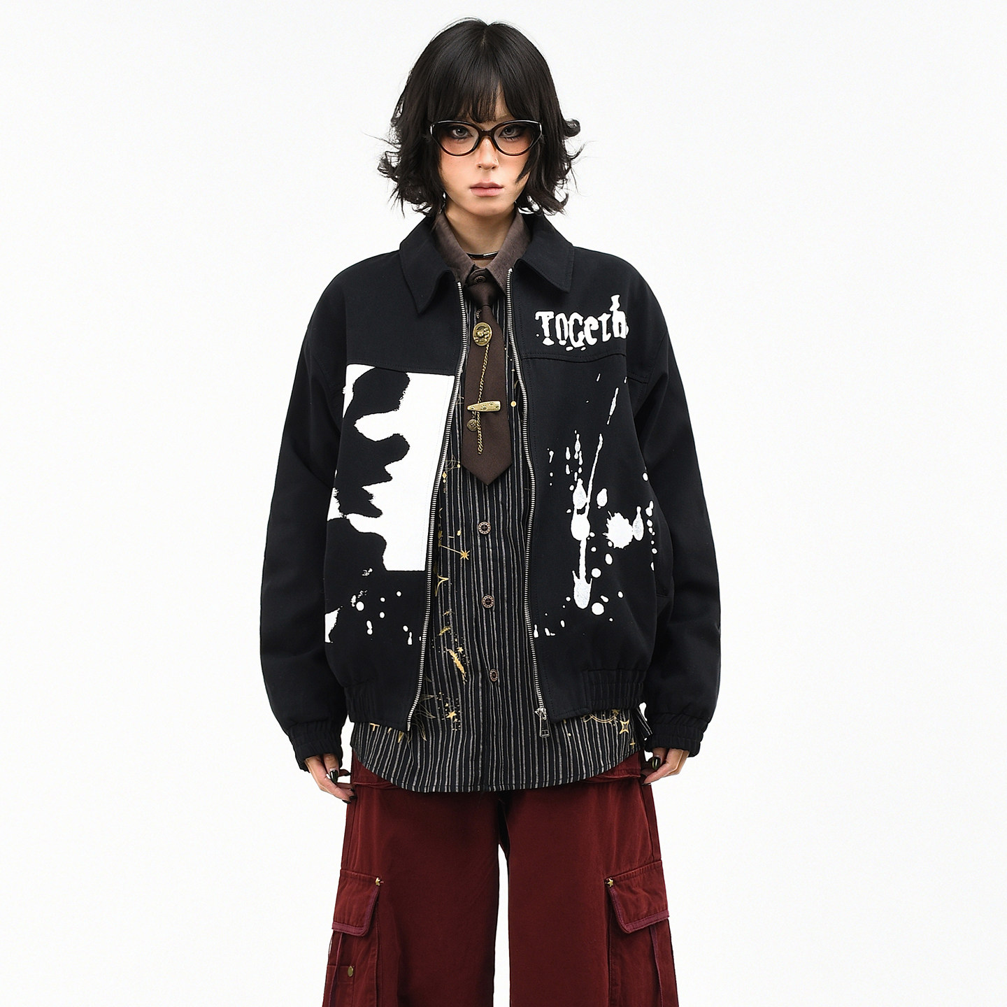 OV原创美式复古人像印花翻领外套女春季宽松哈灵顿潮牌夹克上衣男,女装/女士精品,短外套,淘宝优惠券,粉丝福利购,淘宝优惠卷