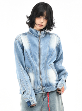 OV原创美式解构拼接水洗牛仔外套女街头宽松口袋倒装设计秋季夹克