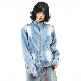 夹克 设计秋季 OV原创美式 解构拼接水洗牛仔外套女街头宽松口袋倒装