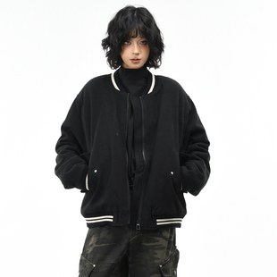 OV原创复古老钱风廓形毛呢棒球服夹棉外套女冬季宽松加厚棉衣棉服