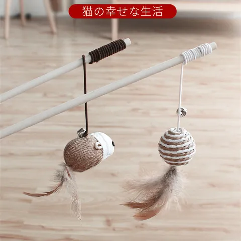 木棒纸绳球【逗猫原木猫咪玩具直销逗猫棒】剑麻球木质逗猫棒