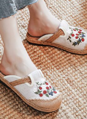 夏季包头拖鞋女外穿一脚蹬原创亚麻干爽防滑软平底绣花老北京布鞋