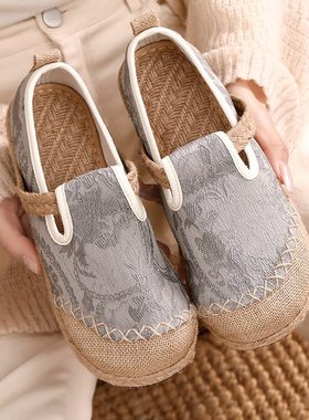 夏季新中式纯黑色亚麻老北京布鞋女平底一脚蹬懒人鞋宽胖脚透气软