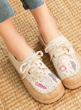 原创设计风女鞋老北京布鞋纯手工绣花系带款亚麻软底休闲春秋单鞋