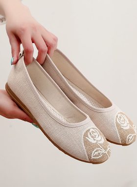 2024原创小香风老北京布鞋女平底汉服鞋古风淡雅民族风刺绣渔夫鞋