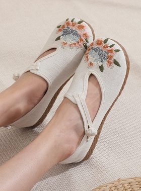 舒适浅口老北京布鞋女平底轻便休闲古风汉服鞋防滑小众舞蹈绣花鞋