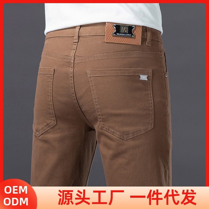 欧货高端潮牌深咖色牛仔裤男春夏新款修身小脚弹力时尚休闲男裤子